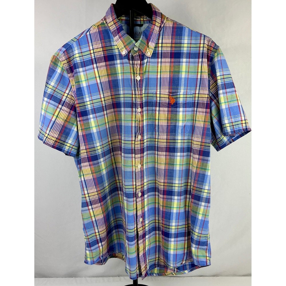 U.S. Polo Assn. Mens Plaid Short Sleeve Button Down Shirt Colorful Large